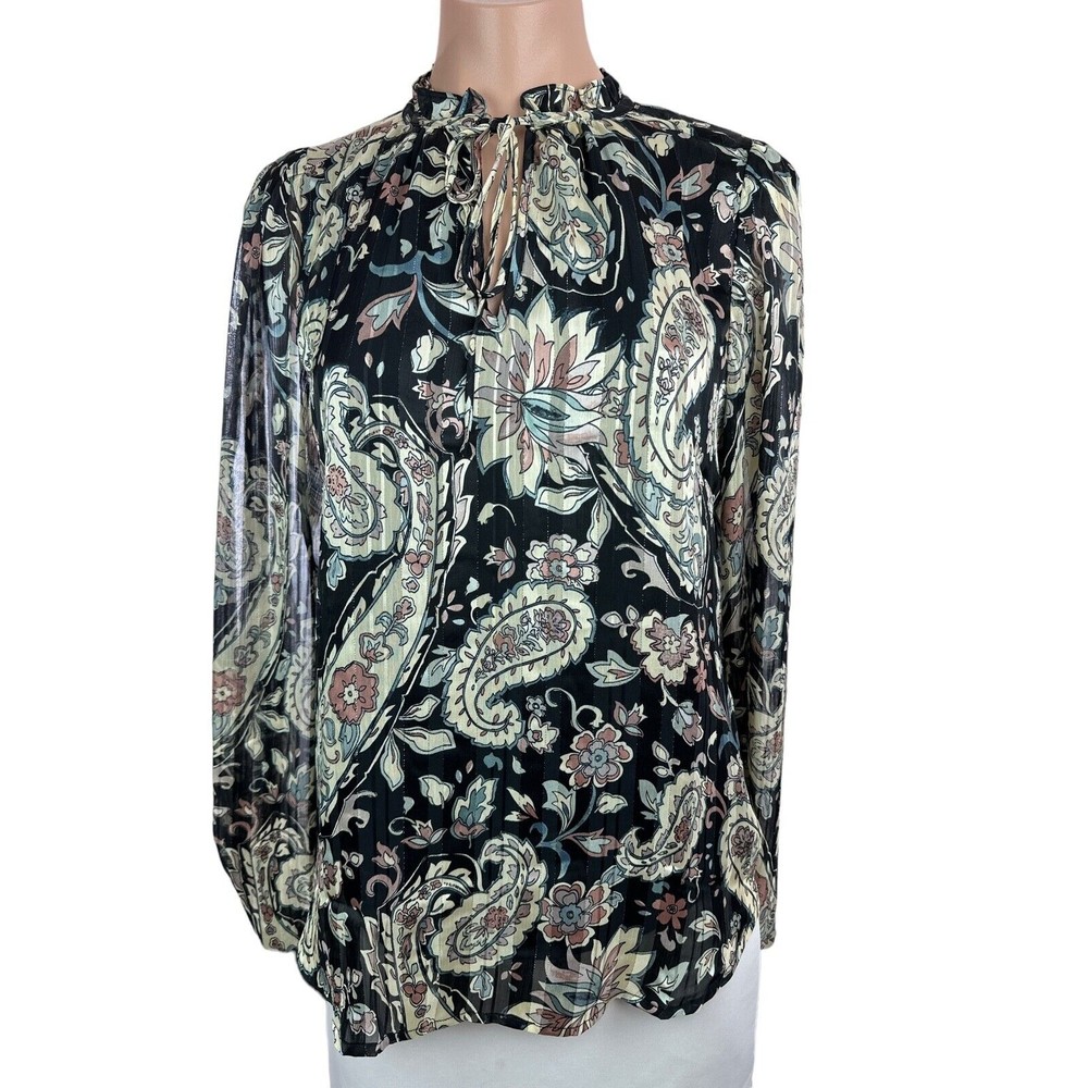 Tamara H. Sz S/P Blouse Ruffled Neckline Paisley Black w/Beige,Pink & Gold Metal